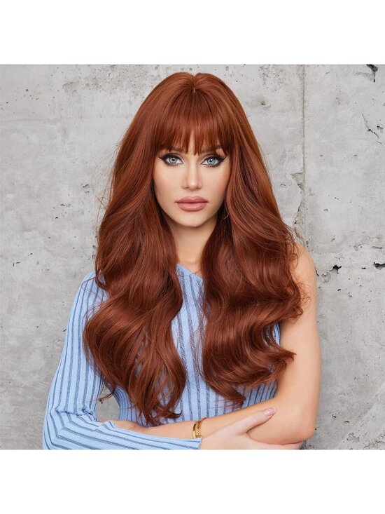 Women\'s Auburn Heat Resistant Long Curly Wavy Synthetic Wig with Bangs Size 26In main image 4